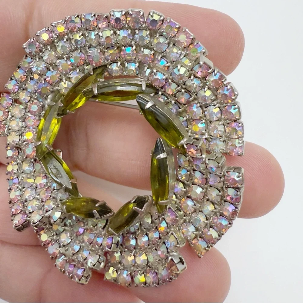 Vintage AB Green Glass Rhinestone Layered Tiered Round Wreathe Pin Brooch